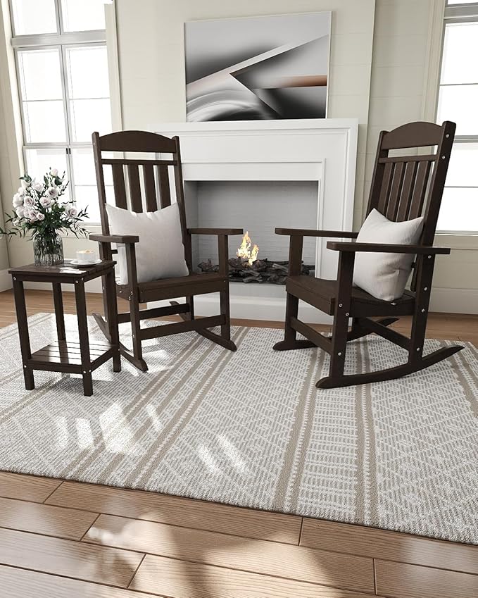 Outdoor Rocking Chairs Set of 2, Oversized High Back Patio Rocking Chairs, All Weather Porch Rocking Chairs for Outside. Coffee