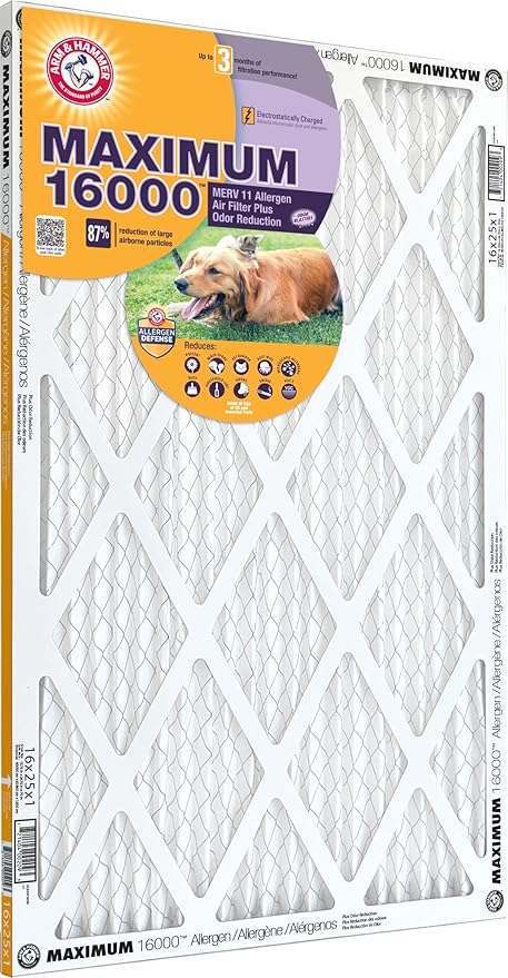 Arm & Hammer Max Allergen & Odor Reduction 16x24x1 Air and Furnace Filter, MERV 11, Carbon Fiber, 4-Pack