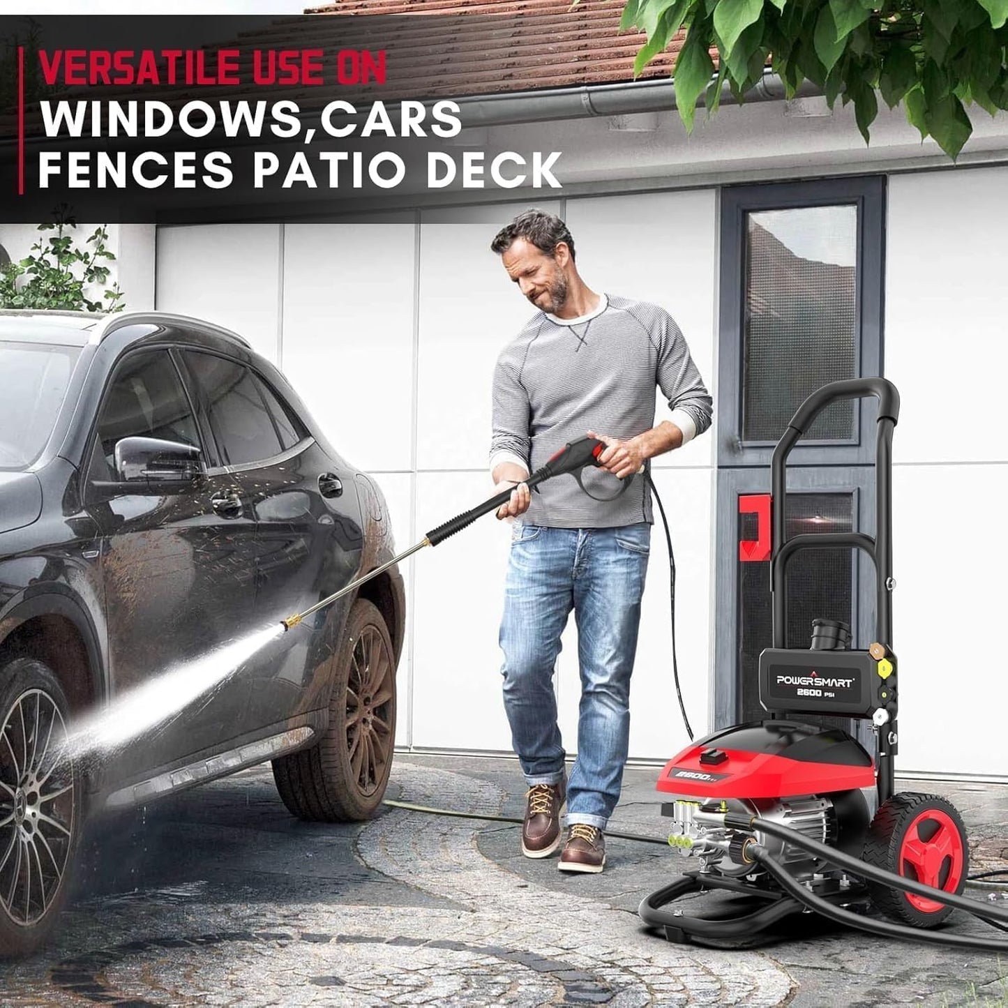 PowerSmart DB1002 2600 PSI Electric Pressure Washer with Induction Brushless Motor,3.0 GPM High Pressure Cleaner, 5 Nozzles, 8” Wheels, Detergent Tank, for Car, Patio, Fence, Driveway Cleaning