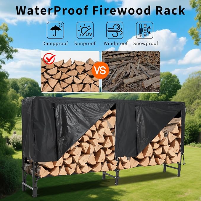 Towallmark 8Ft Firewood Rack with Cover, Heavy Duty Firewood Racks with Weather Resistant 600d Oxford Fabric Cover, Indoor/Outdoor Wood Rack