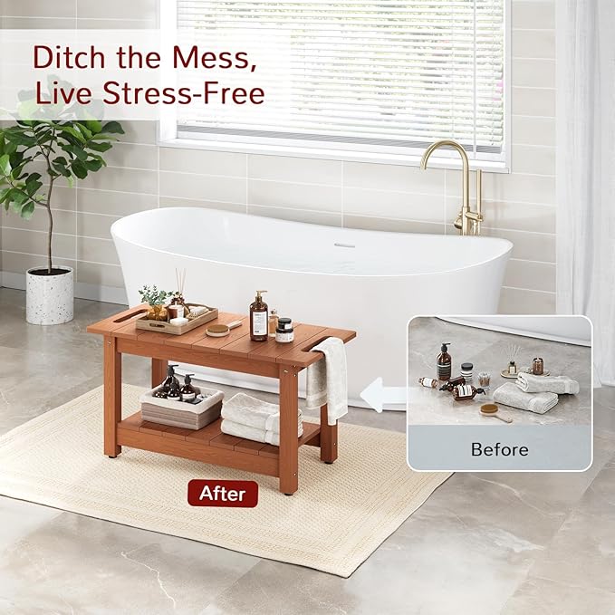 Stoog 24" Shower Bench, Waterproof Shower Stool for Shaving Legs, Adjustable and Non-Slip Feet, Shower Chair for Inside Shower, Brown