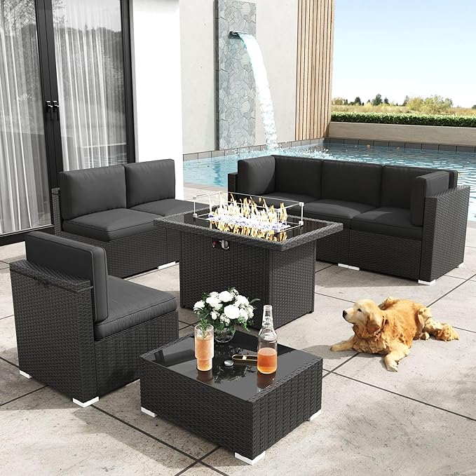 Patio Furniture Set with Fire Pit Table, 8 Pieces Outdoor All-Weather Wicker Conversation Sectional Chair Sofa Set