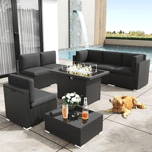 Patio Furniture Set with Fire Pit Table, 8 Pieces Outdoor All-Weather Wicker Conversation Sectional Chair Sofa Set