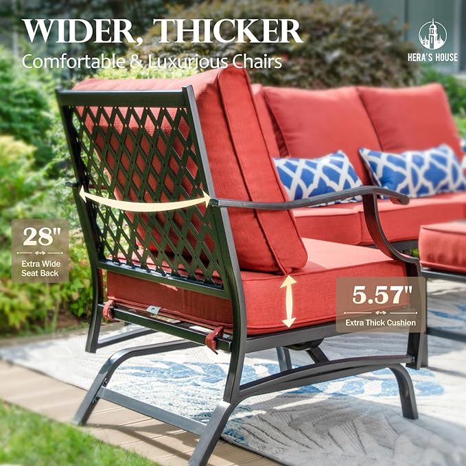 HERA'S HOUSE Outdoor Chairs Set of 2, 2 x Patio Chair with Red Cushions, All Weather Outdoor Furniture for Lawn Garden Backyard Deck(Rocking Chairs)