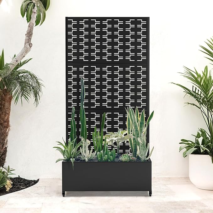 Planter Box with Trellis and Wheels, Metal Privacy Screen with Garden Beds Outdoor for Climbing Plants, Standing Planter Boxes with Drainage Holes (35" L×16" W×71" H, Black Rectangle)