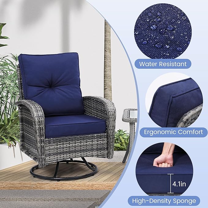 Luxury Outdoor Swivel Wicker Glider Patio Chairs with Table Set, Overstuffed Washable Cushions, Ideal for Porch, Balcony, Deck, Grey Rattan and Blue Cushion