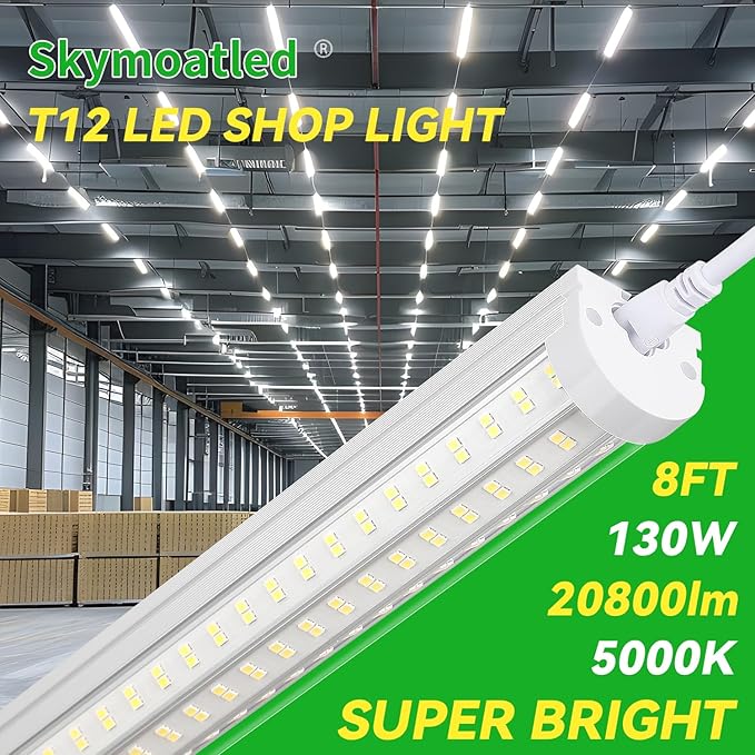 T12 8FT LED Shop Light Garage light,130W 5000K 20800LM Daylight Color,Hanging/Surface Mount,Super Bright,Plug and Play,Linkable Commercial Bay Lighting for Warehouse Basement Workshop 6Pack