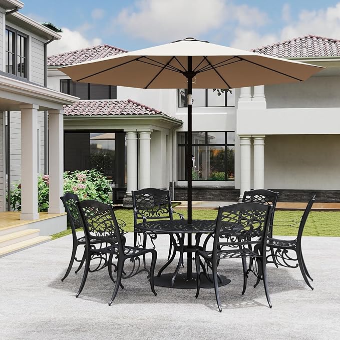 Kingdura 9FT Outdoor Patio Umbrella, Market Table Umbrella with Push Button Tilt and Crank, 8 Sturdy Fiberglass Ribs, UV Protection for Pool, Lawn, Deck, Backyard, Garden (Beige)