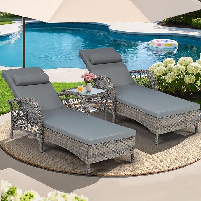 MEETWARM 3 Piece Outdoor Wicker Chaise Lounge Chair Set - Patio Lounge Chairs Set of 2 with Side Table, 6 Position Adjustable Pool Reclining Sunbathing Chair with Cushion, Armrest & Headrest, Gray