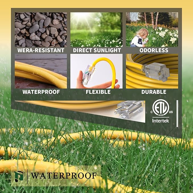 PLUGTUL 12 Gauge Extension Cord 25 Ft, Heavy Duty Outdoor Extension Cord Waterproof Lighted End SJTW, 3 Prong Grounded Plug for Safety, 15A 1875W, ETL Listed, Great for Garden and Home, Yellow