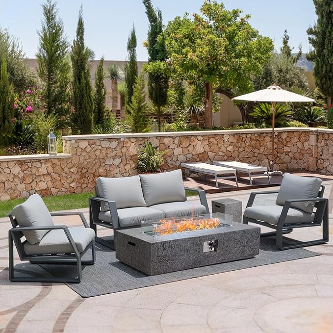 48 Inch Propane Fire Pit Table, Outdoor Rectangle Fire Table w Tank Table (50,000 BTU), 3 Piece Slate Gas Fire Pit in Dark Grey w Glass Wind Guard and White Fire Glass for Garden, Backyard