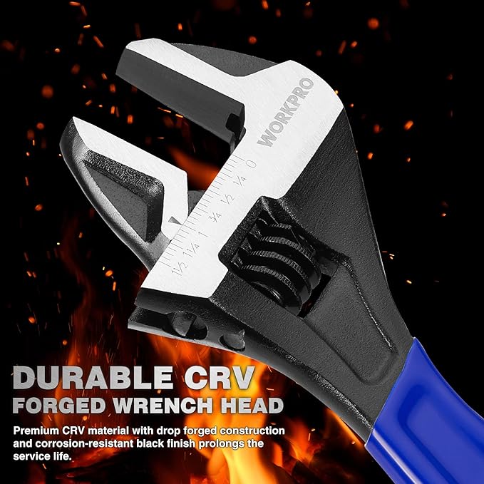 WORKPRO 4-piece Adjustable Wrench Set, 6-Inch & 8-Inch & 10-Inch & 12-Inch Wrenches, Wide Jaw Black Oxide Wrench, Metric & SAE Scales, Cr-V Steel, for Home, Garage, Workshop