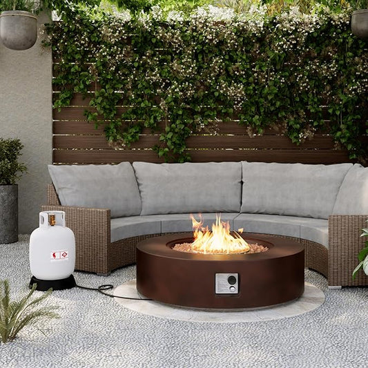 SUNBURY Outdoor 42-Inch Propane Fire Pit,Dark Brown Concrete Patio Fire Table 50,000 BTU w Waterproof Cover, Lava Rocks