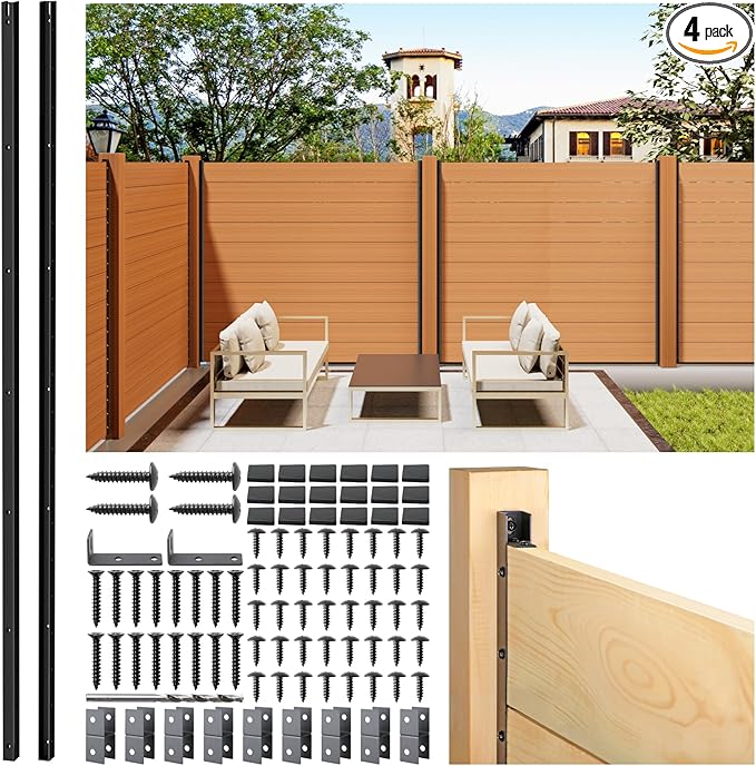 4pack 5FT (H: 56.7″) Matel Backyard Privacy Fence Panels Post Black, Install Fence Panels Post for Wood Slats Outdoor