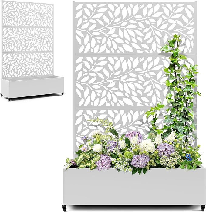 Metal Raised Garden Bed with Trellis Privacy Screen, Large Planters Box with Wheels & Drainage Holes for Climbing Plants (47" L×16" W×71" H, White Leaf)