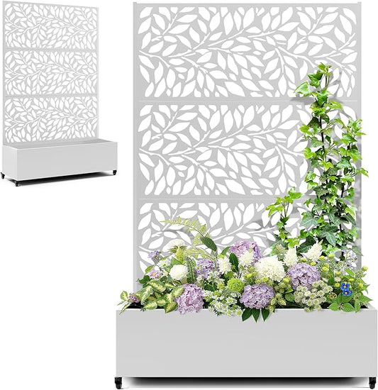 Metal Raised Garden Bed with Trellis Privacy Screen, Large Planters Box with Wheels & Drainage Holes for Climbing Plants (47" L×16" W×71" H, White Leaf)