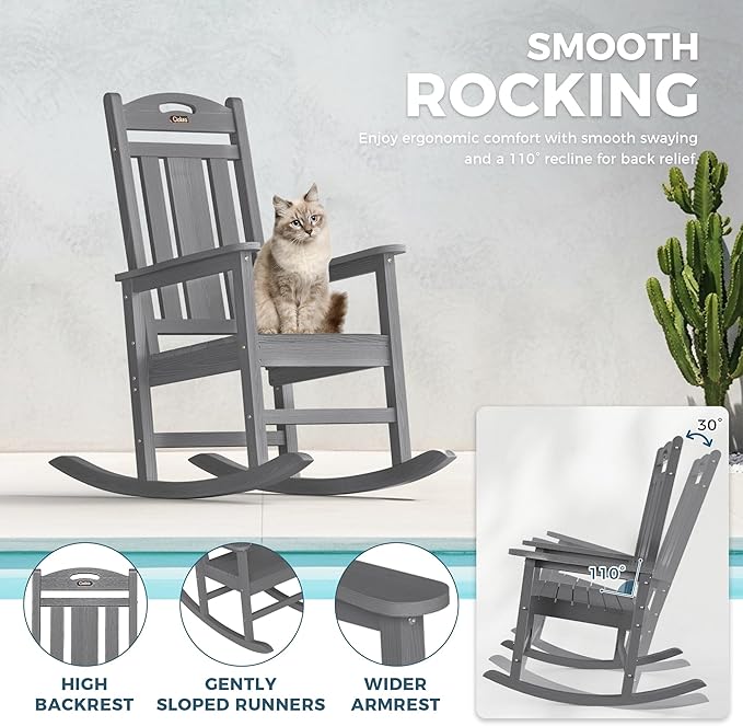 Ciokea Oversized Outdoor Rocking Chairs Set of 2, HDPE Porch Rocking Chairs for Outside, All-Weather Comfortable Patio Rockers for Front Deck Balcony, Grey