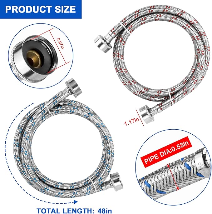 Stainless Steel Washing Machine Hoses 4FT Washer Hoses 3/4" NPT Connection Red and Blue Water Supply Lines by Fetechmate Hot and Cold Washer Hoses (2 Pack) - 10 YEAR WARRANTY