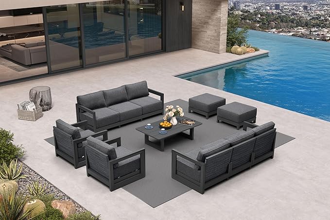PURPLE LEAF Patio Furniture Set Enclosed Outdoor Couch with 9.6" Thick Cushion and Soft Pillows 11 Piece Modern Outdoor Conversation Sets with Ottoman Outdoor Sectional Sofas for Yard Deck Pool, Grey