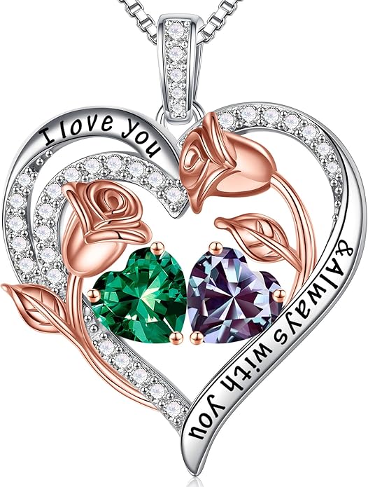 Iefil Christmas Gifts for Women Wife - 925 Sterling Silver Rose Heart Birthstone Necklace Birthday Anniversary Jewelry Gifts for Her Wife Mom Daughter