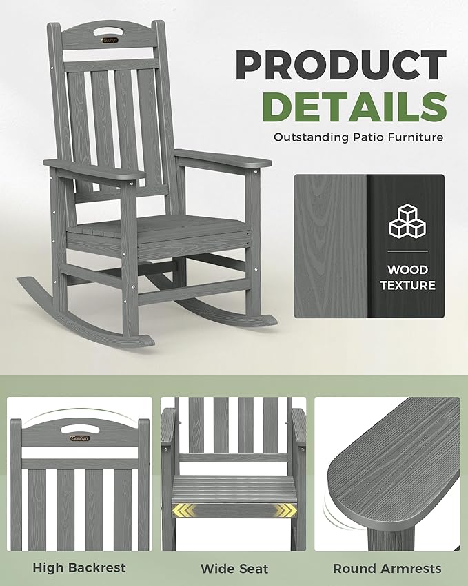 Oversized Outdoor Rocking Chair, High Back Porch Rocker Chair, HDPE All Weather Resistant Rocking Chairs for Patio, 380lbs Weight Capacity, Grey