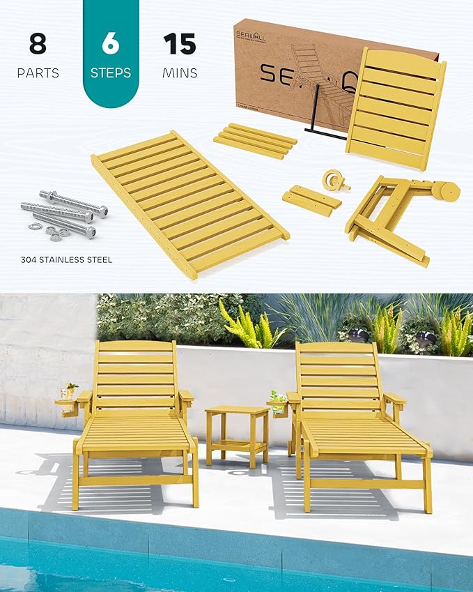 SERWALL Patio Chaise Lounge Chair, 78'' Long HDPE 5 Positions Adjustable Outdoor Lounger, Poly Lounge Chair with Rolling Wheels & Cup Holder for Pool, Lemon Yellow