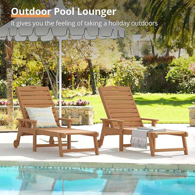 LUE BONA Chaise Lounge Chair with Table, 2-Piece, 79'' Oversized HDPS Chaise Lounger, 5 Positions Adjustable Lounge Chairs, Pool Lounge Chair with Wheels for Poolside, 3 Year Warranty, Teak Color