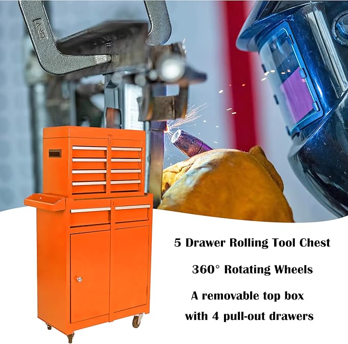 5 Drawer Rolling Tool Chest,Tool Storage Cabinet & Tool Box Cart with Wheels, Big Tools Removable Tool Box Combo,Tools Storage Boxs,Tools Case for Garage Warehouse Workshop (Orange)