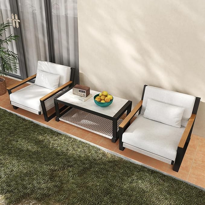 Aluminum Patio Sofa Set with PE Rope Weaving, 500lbs Capacity Outdoor Conversation Set, Waterproof UV-Resistant Cushions & Powder-Coated Frame, Modern Sectional for Poolside, Garden Grey