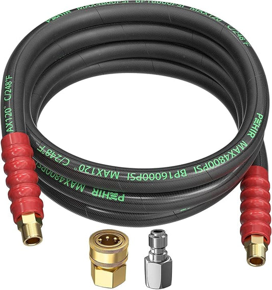POHIR Pressure Washer Whip Hose 10FT, Reel Connector 248°F Hot/Cold Water Jumper Hose 3/8" with Quick Connect Adapter, Industry Grade Steel Wire Braided & Synthetic Rubber Jacket 4800 PSI
