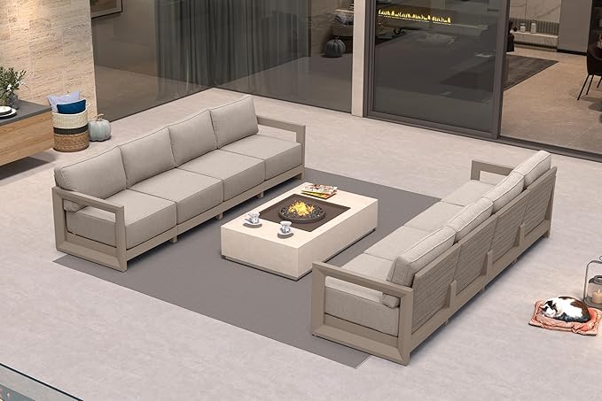 PURPLE LEAF Patio Furniture Set Open-End Outdoor Couch with 9.6" Thick Cushion and Soft Pillows 8 Piece Outdoor Sectional Sofas Modern Patio Conversation Sets for Yard Porch Deck Poolside, Khaki