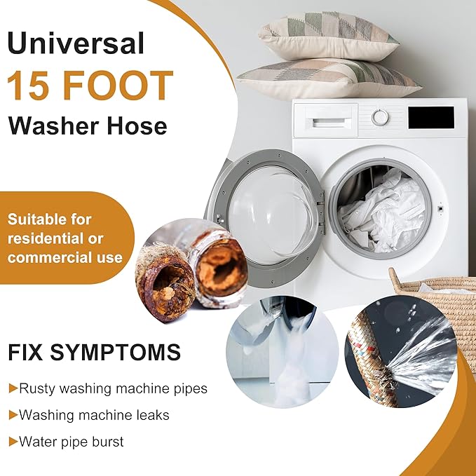 15 FT Washing Machine Hose,Long Washer Water Supply Hoses Hot And Cold Connection(2Packs),Washer Machine Hose Universal Fit for All Standard Wash Machines-by MIFLUS