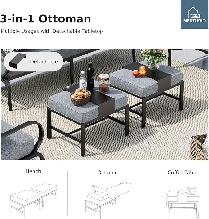 MFSTUDIO 8 Pieces Patio Furniture Sets with 45" Gas Fire Pit Table(Up to 9 Seat),Outdoor Metal Conversation Sofas with 1 x 3-Seat Sofa, 2 Single Chairs,2 Swivel Chairs and 2 Ottoman,Grey Cushion