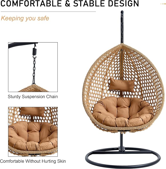 Egg Swing Chair Outdoor with Stand, Hanging Egg Rattan Basket Chair with Cushion and Pillow, Lounge Chairs, Foldable Basket and Metal Stand for Porch, Patio, Bedroom, Balcony,Yard (Khaki)