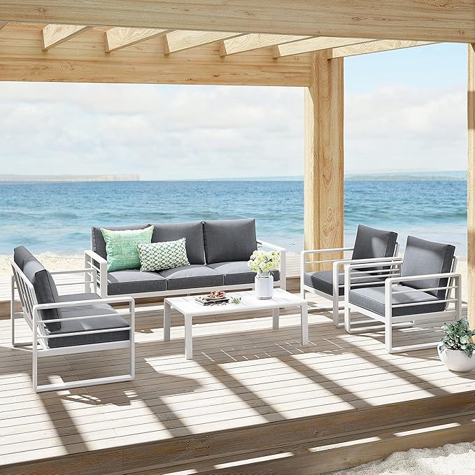 Patiorama Aluminum Patio Furniture Set, Outdoor Patio Loveseat, 2 Seat Sofa Couch, All Weather White Metal Chair with Olefin Cushion, Deep Seating, 600 lbs Capacity, Deck, Garden-Grey Cushion