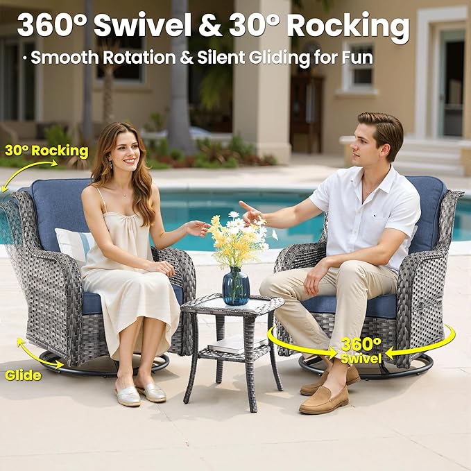 ovios 7-Pieces Patio Furniture Set with 42 Inch Fire Pit Table Swivel Chairs, Outdoor Wicker Sofa Couch Gliders Rocker, High Back Modern Conversation Set, Grey Rattan, Denim Blue