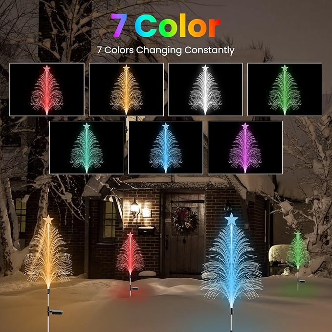 Solar Christmas Tree Lights, 4Pack 7 Color IP44 Waterproof Changing Solar Optical Fiber Stake Lights Christmas Decorations with Topper Star for Garden Yard Pathway Lawn Outdoor