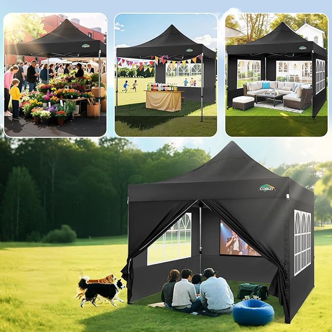 COBIZI 10x10 Heavy Duty Pop up Canopy Tent with 4 Sidewalls, Easy Set-up Commercial Outdoor Party Tent, 100% Waterproof Wedding Canopy Gazebo, 3 Height Adjustable with Wheeled Bag, Black