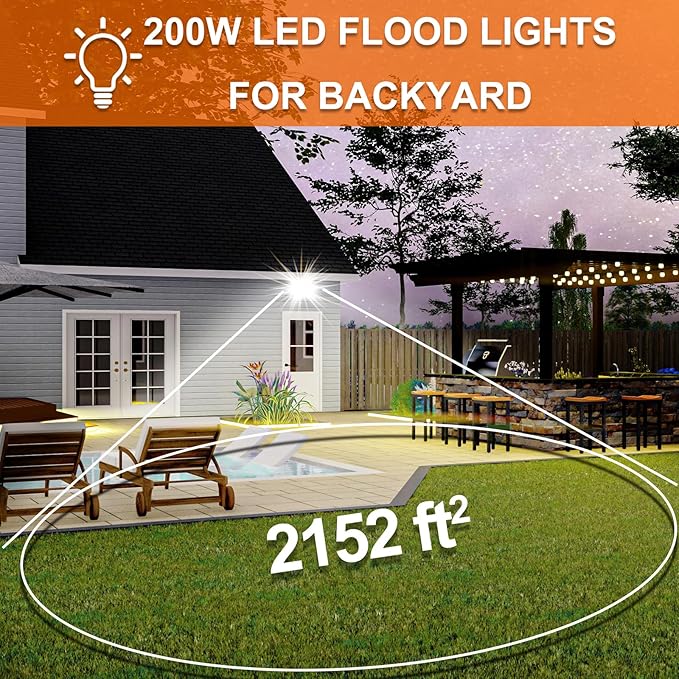 XXBSAZ 2 Pack 200W LED Flood Lights Outdoor, 25,000LM Plug-in Hardwire Work Light IP66 Waterproof - 6500K Daylight Bright for Yard, Garage, Stadium