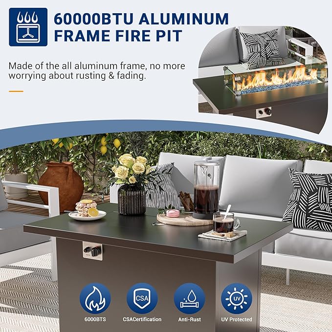 UDPATIO 8 Piece Aluminum Patio Furniture Set with Aluminum Fire Pit Table,Mordern Outdoor Furniture Set with Water-Proof Cover Included, White