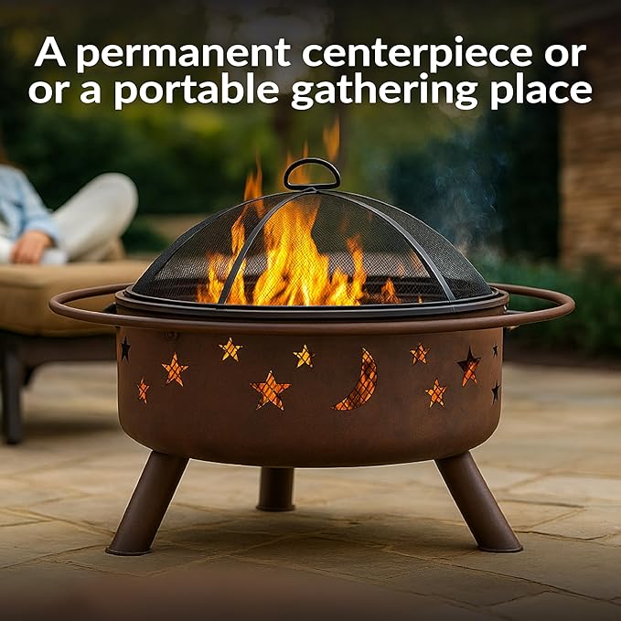 Sunnydaze Cosmic 30-Inch Patio Fire Pit for Outside - Outdoor Wood-Burning Fire Pit with Grill Grate, Spark Screen, and Fireplace Poker