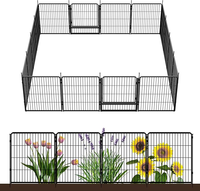 SunsGrove Garden Fence with Gate, 32 in(H) x 35.7 ft(L) 16 Panels Heavy Duty Metal Animal Barrier Fence for Yard, Suitable for Indoor or Outdoor Dog Pet Fence, Garden Fence Border, Black