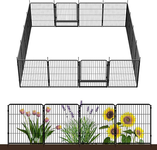 SunsGrove Garden Fence with Gate, 32 in(H) x 35.7 ft(L) 16 Panels Heavy Duty Metal Animal Barrier Fence for Yard, Suitable for Indoor or Outdoor Dog Pet Fence, Garden Fence Border, Black