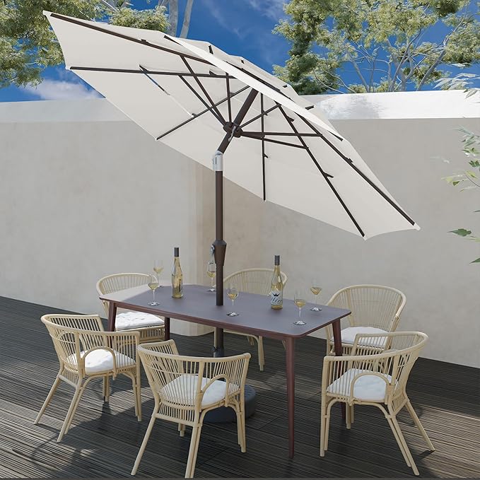 9FT 3 Tiers Patio Umbrella With Auto Tilt and Crank, Outdoor Table Market Umbrella with 8 Sturdy Ribs for Garden, Lawn, Deck, Backyard and Pool, Creamy-white
