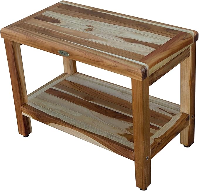 EcoDecors Eleganto 24 Inch Natural Color Waterproof Teak Wood Shower Bench Stool Seat Chair For Inside Shower Provides Safety, Storage, and Organization For Bathroom Accessories