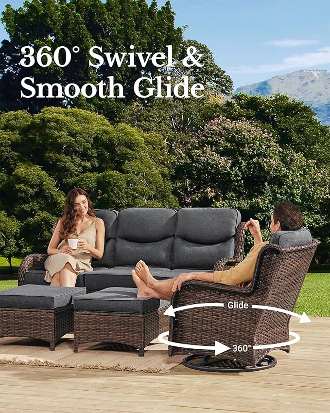 HILLGA Luxury High Back Patio Furniture Set with 6-Inch Thick Cushion, 7-Piece Outdoor Conversation Set with Sofa, Swivel Rocker Chairs & Ottomans, Ideal for Porch Pool Deck Yard (Dark Grey)