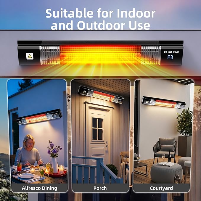 Patio Heater,1500W Outdoor Heaters,Wall Mounted Electric Heater With Remote,24H Timer,Overheat Protection,3 Heat Levels,Waterproof,Infrared Heater For Indoor,Garage,Backyard,Porch,Basement Use,Black