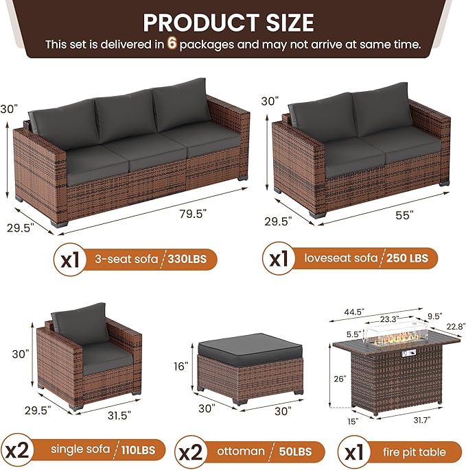 UDPATIO Patio Furniture Set with Fire Pit Table, 7 Pieces Outdoor Furniture Sets, Wicker Rattan Patio Conversation Sets with Ottoman and Waterproof Covers for Porch Deck Backyard, Grey