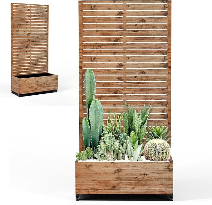 Metal Raised Garden Beds with Trellis and Wheels for Climbing Plants, Flowers, Large Planter Box with Privacy Screen & Drainage Holes for Patio (35" L, Brown Log Grain)