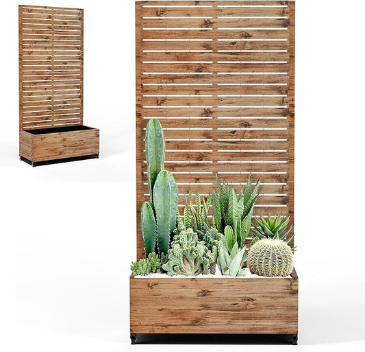 Metal Raised Garden Beds with Trellis and Wheels for Climbing Plants, Flowers, Large Planter Box with Privacy Screen & Drainage Holes for Patio (35" L, Brown Log Grain)